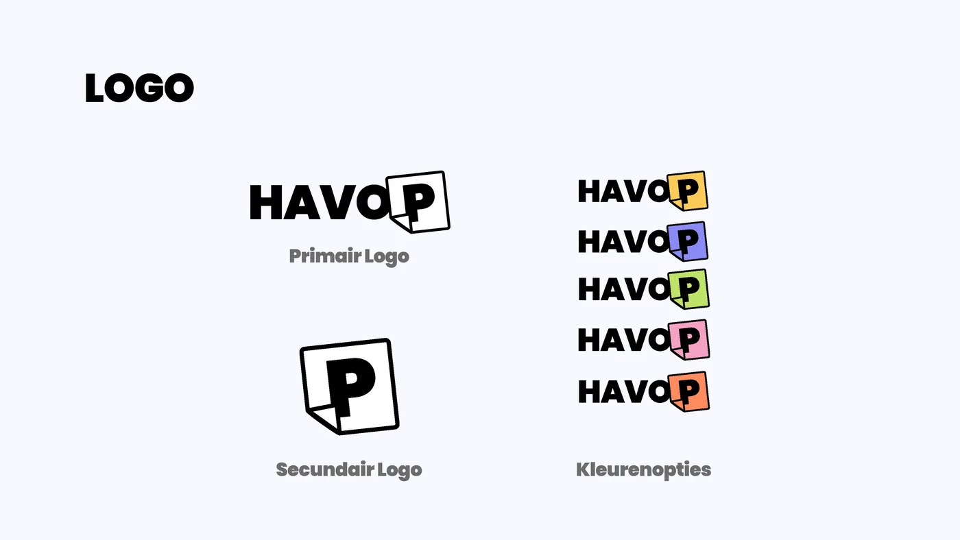 Havo-P logo overview showing primary logo, secondary icon, and colour variants