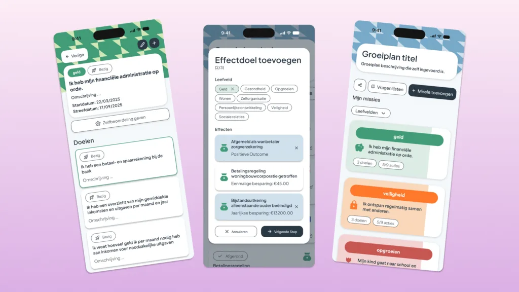 Three mobile GrowPad screens showing goals, effect goal creation, and growth plan overview
