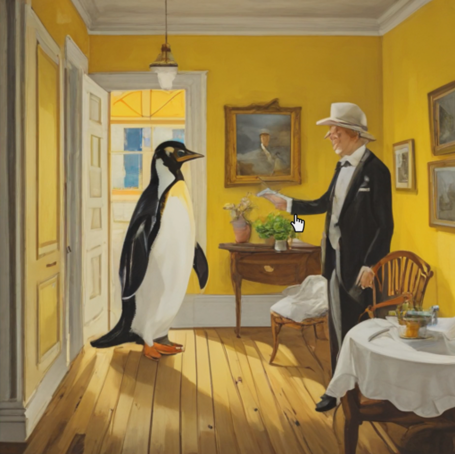 A penguin-like generated artwork from the installation